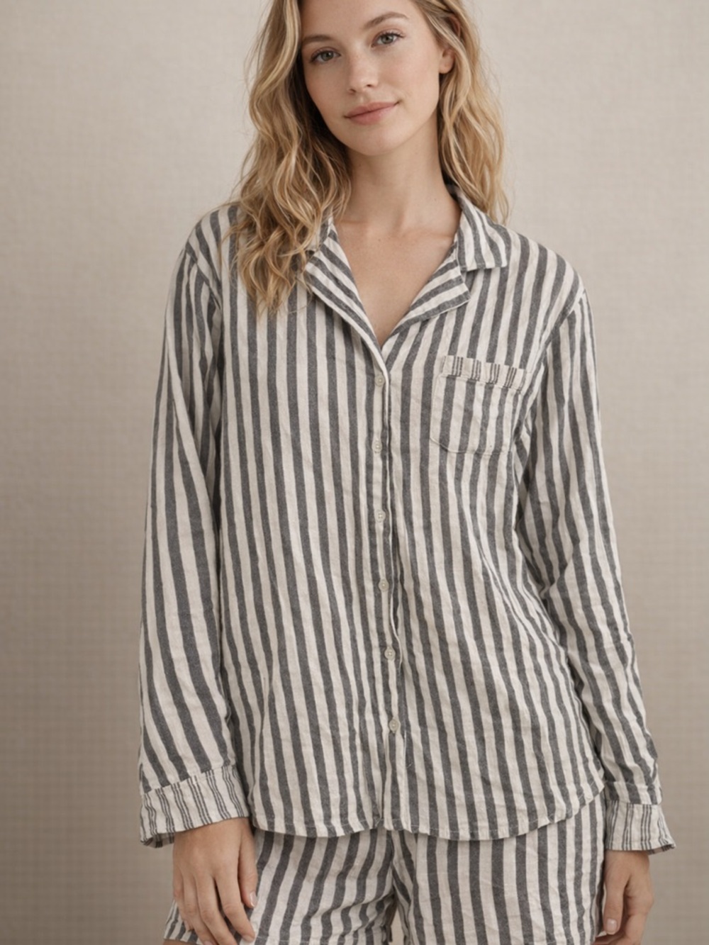 Victoria’s Secret Gray & White Striped Cotton Pajama Top – Long Sleeve, Size M
